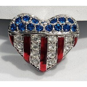 Swarovski Patriotic Crystal Heart Brooch Pin W/Red White & Blue Crystals